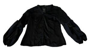 Alpha & Omega Women's Blouse Satin Button Shirt Siz S Black Witchy Goth Boho NWT